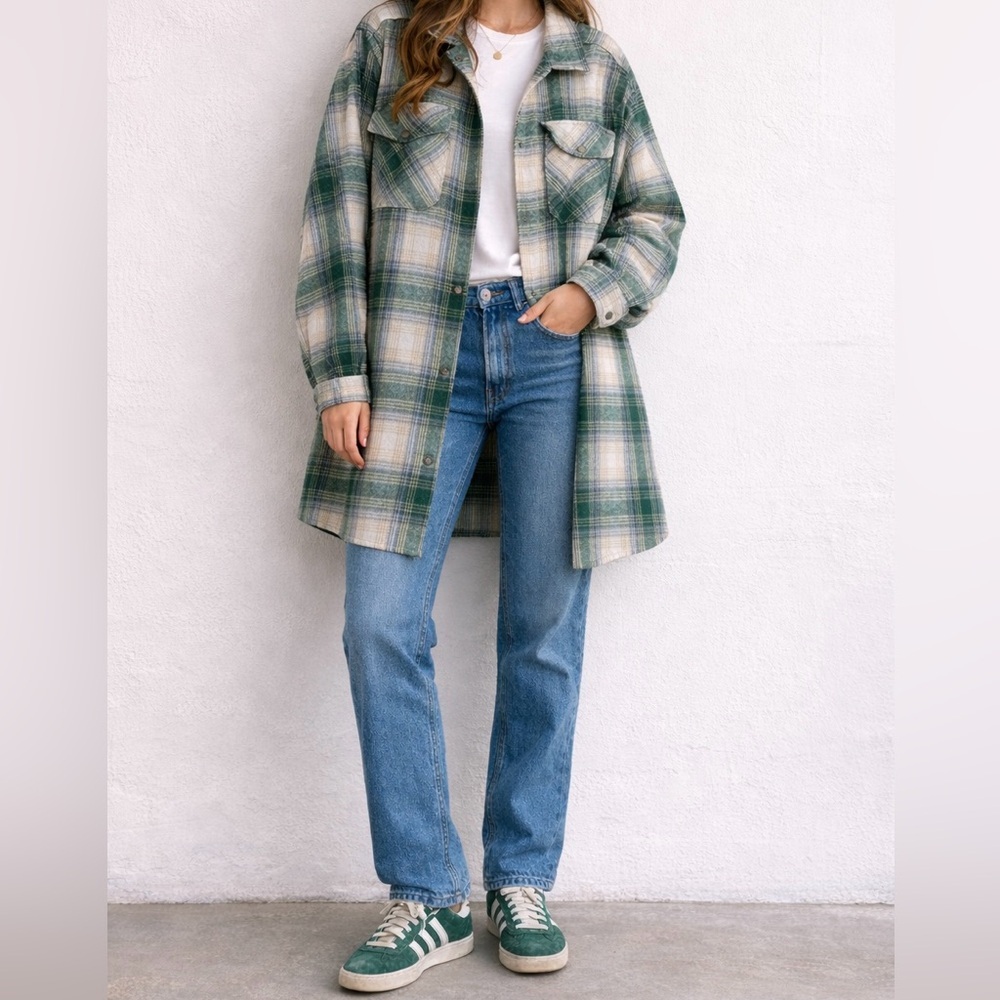 Grace + Karma Women’s Green Cream Plaid Flannel Long Shacket 1X